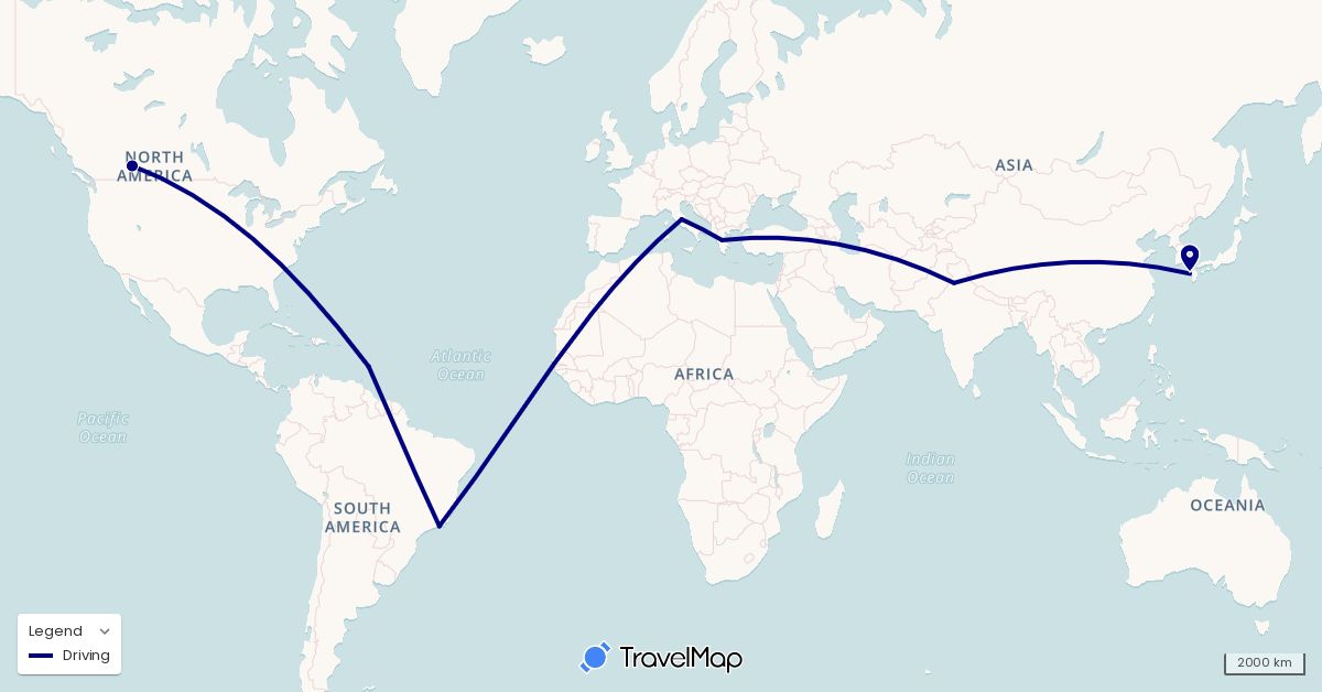 TravelMap itinerary: driving in Barbados, Brazil, Canada, Greece, India, Italy, Japan (Asia, Europe, North America, South America)